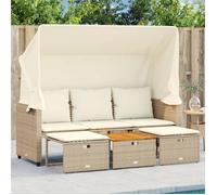 vidaXL Canapé de jardin 3 places avec auvent et tabourets beige rotin