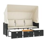 vidaXL Canapé d'extérieur 3 places avec auvent et tabourets Noir Poly-Rotin