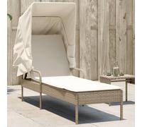 Chaise longue avec auvent beige résine tressée, lit de bronzage, chaise longue inclinable, lit de jour d'extérieur, chaise longue de jardin