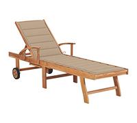 Chaise Longue avec Coussin Transat de Patio Bain de Soleil d'Extérieur Chaise Longue de Terrasse Jardin Plage Beige Bois de Teck Solide