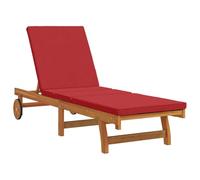 Chaise Longue Vidaxl Avec Des Roulettes Et Un Coussin Rouge En Bois Massif