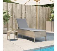vidaXL Chaise longue avec table et coussin beige résine tressée, transat, lit de repos de jardin, meuble d'extérieur, chaise longue d'extérieur
