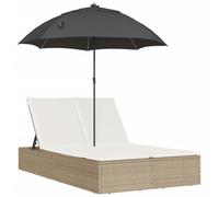 Vidaxl Chaise Longue Double Avec Coussins Et Parasol Beige Poly Rotin