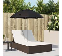Vidaxl Chaise Longue Double Avec Coussins Et Parasol Marron Poly Rotin