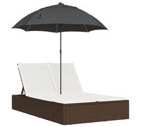 vidaXL Chaise Longue Double avec Coussins et Parasol Marron Poly rotin, transat, lit de Jour d'extérieur, lit de Jour de Jardin, lit de Bronzage