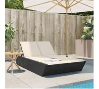 Chaise longue double avec coussins noir résine tressée, lit de bronzage, chaise longue inclinable, lit de jour d'extérieur