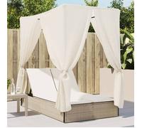vidaXL Chaise longue double avec toit et rideaux beige résine tressée, transat, lit de jour d'extérieur, lit de jour de 368076