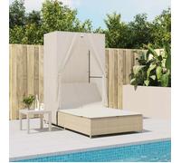 Chaise longue double avec toit et rideaux beige résine tressée, transat, lit de jour d'extérieur, lit de jour de 368103