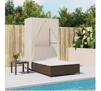 Chaise longue double avec toit et rideaux marron résine tressée, transat, lit de jour d'extérieur, lit de jour de 368100