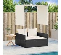 vidaXL Chaise longue double avec toit et rideaux noir résine tressée, transat, lit de jour d'extérieur, lit de jour de 4002755 Noir G