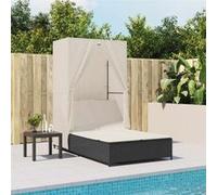 vidaXL Chaise longue double avec toit et rideaux – résine tressée, noir