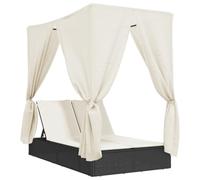 vidaXL Chaise Longue Double avec Toit et Rideaux Noir résine tressée, transat, lit de Jour d'extérieur, lit de Jour de Jardin, lit de Bronzage