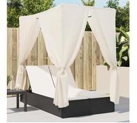 Chaise longue double avec toit et rideaux noir résine tressée, transat, lit de jour d'extérieur, lit de jour de jardin, lit de bronzage