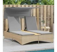 vidaXL Chaise longue double 365623 – rotin mélange beige, auvent et coussins, inclinable