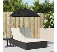 vidaXL Chaise longue double et coussins et parasol noir résine tressée, transat, lit de jour d'extérieur, lit de jour de 368081