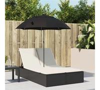 Vidaxl Chaise Longue Double Et Coussins Et Parasol Noir Résine Tressée