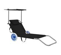 vidaXL Chaise longue pliable avec auvent et roues Acier Noir