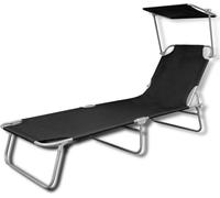vidaXL Chaise longue pliante avec toit solaire acier et tissu noir