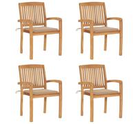 Lot de 4 Chaises de Jardin Empilables avec Coussins, Sièges de Terrasse, Chaises de Salle à Manger, Meubles de Patio Extérieur, Teck Solide