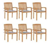 vidaXL Lot de 6 Chaises de Jardin Empilables avec Coussins, Sièges de Terrasse, Chaises de Salle à Manger, Meubles de Patio Extérieur, Teck Solide