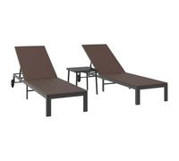 Vidaxl Chaises Longues 2 Pcs Avec Roues Et Table En Poly Rattan Marron