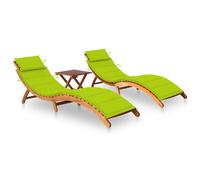 Acacia Solide Chaises Longues 2 pcs avec Table et Coussins Bains de Soleil d'Extérieur Transats de Patio Chaises Longues de Terrasse Jardin