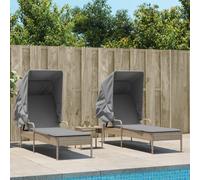 Vidaxl Chaises Longues Lot De 2 Avec Auvents Et Table Beige Poly Rotin