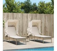 Vidaxl Chaises Longues Lot De 2 Avec Auvents Et Table Beige Poly Rotin