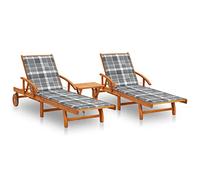 vidaXL Lot de 2 chaises longues avec table – bain de soleil en acacia solide avec coussins