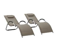 2x Chaises Longues Bain de Soleil de Patio Transat de Jardin Chaise Longue d'Extérieur Terrasse Patio Plage Textilène Taupe et Gris