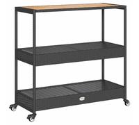 vidaXL Chariot de Bar 3 Niveaux Noir rotin et Bois d'acacia Massif, Chariot, Chariot de Cuisine, Chariot de Rangement, Chariot à Boissons