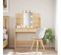 vidaXL Coiffeuse 837894 – Table de maquillage avec miroir, LED, 2 tiroirs, 4 étagères Chêne Sonoma