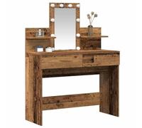Coiffeuse - Bois vieilli - Miroir LED - Rangements inclus - Design rustique
