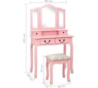 vidaXL Coiffeuse en bois de paulownia avec tabouret miroir Coiffeuse commode table de toilette chambre rose 80 x 69 x 141 cm