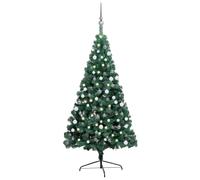 vidaXL Demi-Arbre de Noël Artificiel Pré-éclairé et Boules, Sapin de Noël avec LED, Décoration de Vacances, Ornement de Fête Intérieur Extérieur, Vert 150 cm