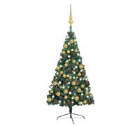 vidaXL Demi-Arbre de Noël Artificiel Pré-éclairé et Boules, Sapin de Noël avec LED, Décoration de Vacances, Ornement de Fête Intérieur Extérieur, Vert 150 cm