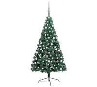 vidaXL Demi-Arbre de Noël Artificiel Pré-éclairé et Boules, Sapin de Noël avec LED, Décoration de Vacances, Ornement de Fête Intérieur Extérieur, Vert 210 cm