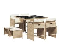 vidaXL Ensemble à manger de jardin 3211150 – 11 pcs, chaises et table, poly rotin, coussins beige