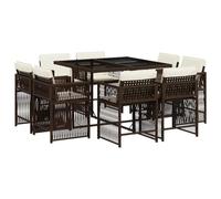 vidaXL Ensemble à manger de jardin 9 pièces – poly rotin marron, coussins, dossiers rabattables