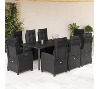 Ensemble à Manger de Jardin avec Coussins 9 pcs, Table et Chaises avec Dossier et Repose-pied Réglables, Meubles d'Extérieur, Moderne, Noir Résine