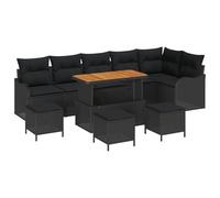 Ensemble de 10 Pièces de Canapés de Jardin avec Coussins Noir Poly Rattan Acacia, Canapé de Jardin 2 Places avec Coussins Noir Poly Rattan, Ensemble de Dîner de Jardin 4 Pièces avec Coussins Noir Poly