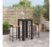 vidaXL Ensemble de bar jardin 3 pcs noir poly rotin/bois massif acacia, ensemble de table de bar, ensemble de pub, ensemble de meubles Noir
