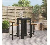 Ensemble de bar jardin 3 pcs noir poly rotin/bois massif acacia, ensemble de table de bar, table et chaise de bar de petit déjeuner, ensemble de