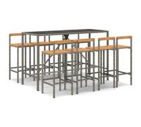 Ensemble de bar jardin 9 pcs gris poly rotin/bois massif acacia, ensemble de table de bar, table et chaise de bar de petit déjeuner, ensemble de