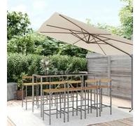 Ensemble de bar jardin 9 pcs gris poly rotin/bois massif acacia, ensemble de table de bar, table et chaise de bar de petit déjeuner, ensemble de