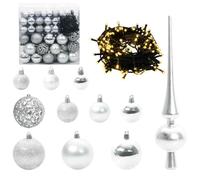 vidaXL Ensemble de Boules de Noël 120 pcs Argent Plastique, Salle de séjour, Ornements de Noël légers Modernes, Set de Boules LED, Décor de Vacances, Décorations d'arbre intérieur, Lumières festives