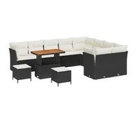 vidaXL Ensemble de canapés de Jardin de 12 pièces avec Coussins en rotin Poly Noir Acacia, Ensemble de Salle à Manger de Jardin de 3 pièces avec Coussins en rotin Poly Noir Acacia