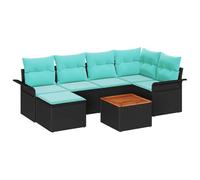 vidaXL Ensemble de canapé de Jardin 7 pcs Noir et Turquoise polyrotin, Canapé de Jardin modulable, Bois Acacia Robuste, matériaux résistants UV, mobilier Moderne, Collection de détente