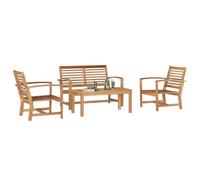 Set de salle à manger en teck pour l'extérieur : 1 banc, 2 chaises et une table en bois massif. Super solide, c'est un style traditionnel parfait pour meubler ton balcon ou ta terrasse. Idéal pour se