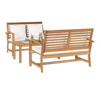 Set de 2 bancs et 1 table en teck massif, meuble d'extérieur classique. Super costaud, bien fini, avec un tissu qui respire. Une housse imperméable est conseillée. Facile à entretenir, ça demande un p